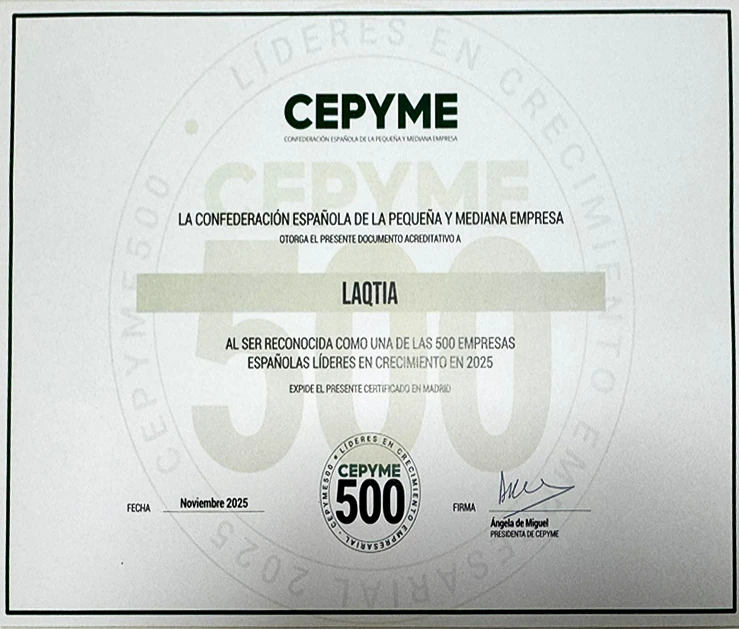 Premio CEPYME 2025 Laqtia como Empresa en el TOP 500 de mayor crecimiento de España